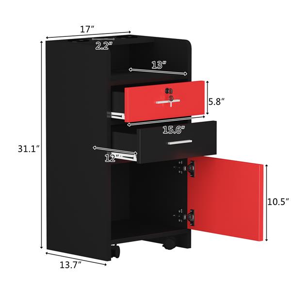 Salon Wood Rolling Drawer Cabinet Trolley Spa 3-layer Cabinet Equipment with A Lock Black & Red