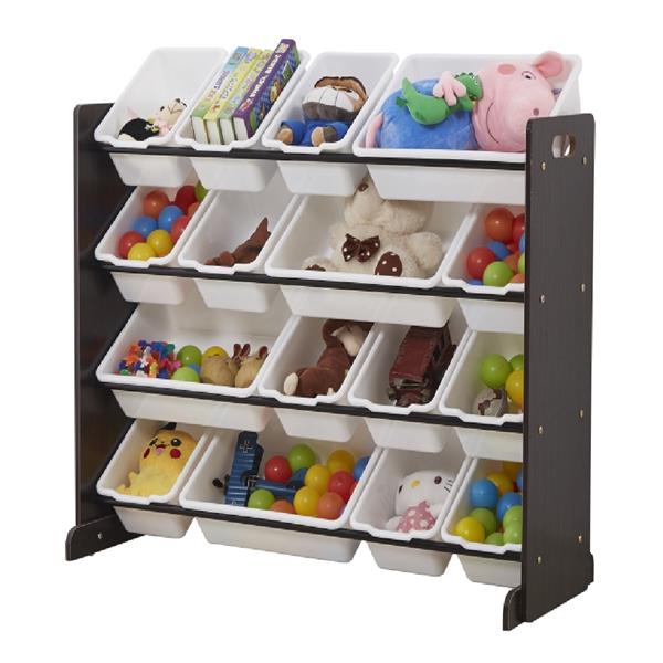 Wooden Kids' Toy Storage Organizer with 16 Plastic Bins,X-Large, Espresso / White