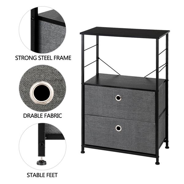 Nightstand 2-Drawer Shelf Storage - Bedside Furniture & Accent End Table Chest For Home, Bedroom, Office, College Dorm, Steel Frame, Wood Top, Easy Pull Fabric Bins, Grey
