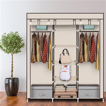 69\\" Portable Clothes Closet Non-Woven Fabric Wardrobe Double Rod Storage Organizer Beige