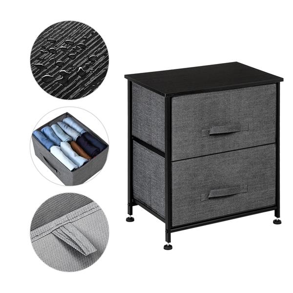 2 Drawers -Night Stand, End Table Storage Tower - Sturdy Steel Frame, Wood Top, Easy Pull Fabric Bins - Organizer Unit For Bedroom, Hallway, Entryway, Closets - Textured Print, Grey