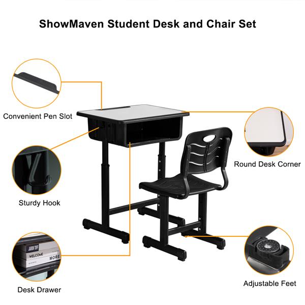 Adjustable Students Children Desk and Chairs Set Black