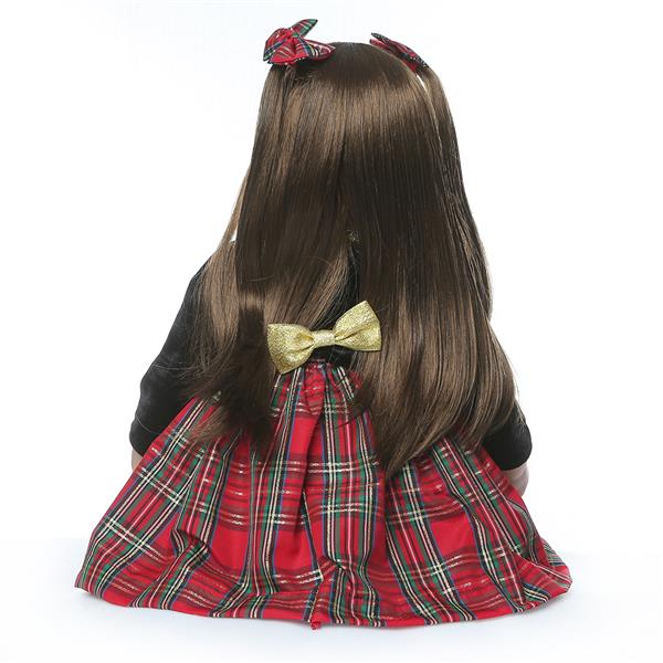24" Beautiful Simulation Baby Long-Haired Girl Wearing a Christmas Plaid Skirt Doll