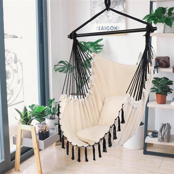 1.5*1.2m Tassel Plus Pillow Hanging Chair Beige Fabric Black Rope