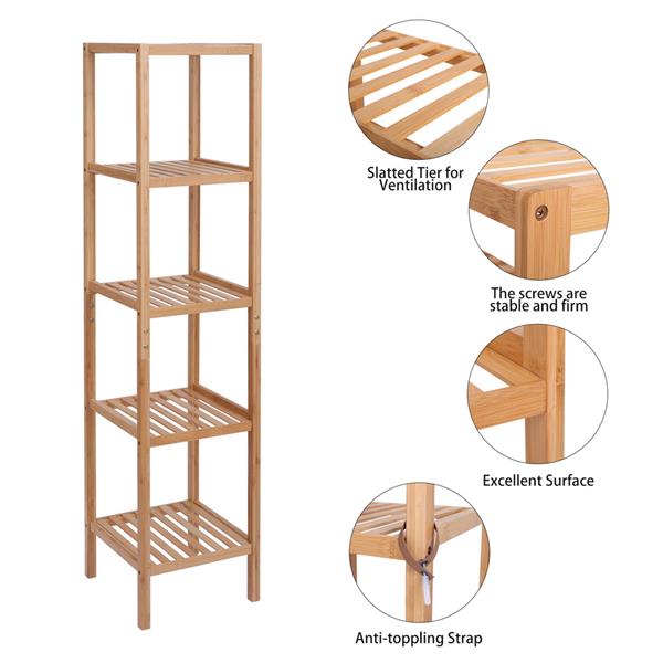 100% Bamboo Bathroom Shelf 5-Tier Multifunctional Storage Rack Shelving Unit 146*33*33cm Natural