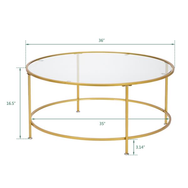 HODELY 36" Golden  5mm Thick Tempered Glass Countertop Round Wrought Iron Coffee Table