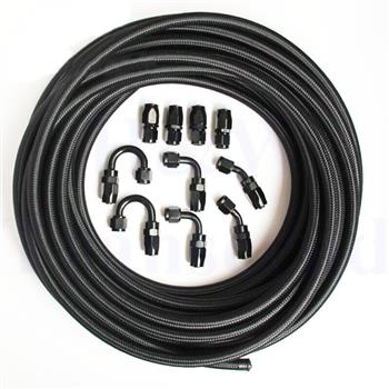 6AN 16Ft Universal Braided Stainless Steel Fuel Hose + 10pcs Rotary Swivel Hose Ends Kit Black
