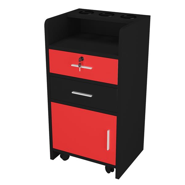 Salon Wood Rolling Drawer Cabinet Trolley Spa 3-layer Cabinet Equipment with A Lock Black & Red