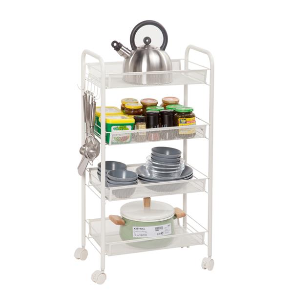 Exquisite Honeycomb Net Four Tiers Storage Cart with Hook Ivory White