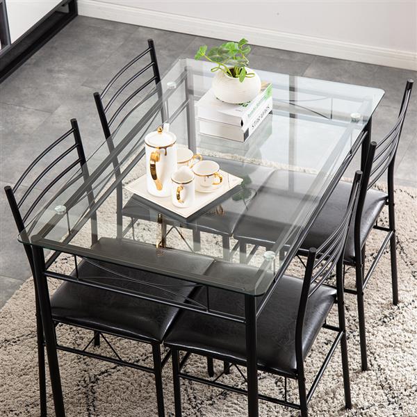 [110 x 70 x 76cm] Iron Glass Dining Table and Chairs Black One Table and Four Chairs PU Cushion