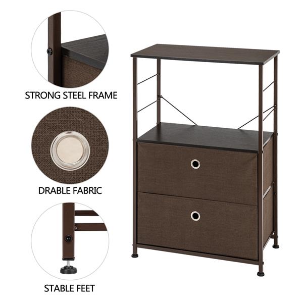 Nightstand 2-Drawer Shelf Storage - Bedside Furniture & Accent End Table Chest For Home, Bedroom, Office, College Dorm, Steel Frame, Wood Top, Easy Pull Fabric Bins,  Brown