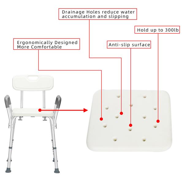 Aluminum Alloy Lifting Bath Chair 6 Files With Armrests With Backrest PE Seat Stool Rubber Floor Mat White