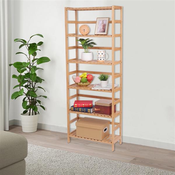 100% Bamboo Bookshelf, Multi - Functional Adjustable 6-Layer Shelf, Can Be Used In Living Room, Study, Bedroom, Etc., 60 * 26 * 161cm Natural