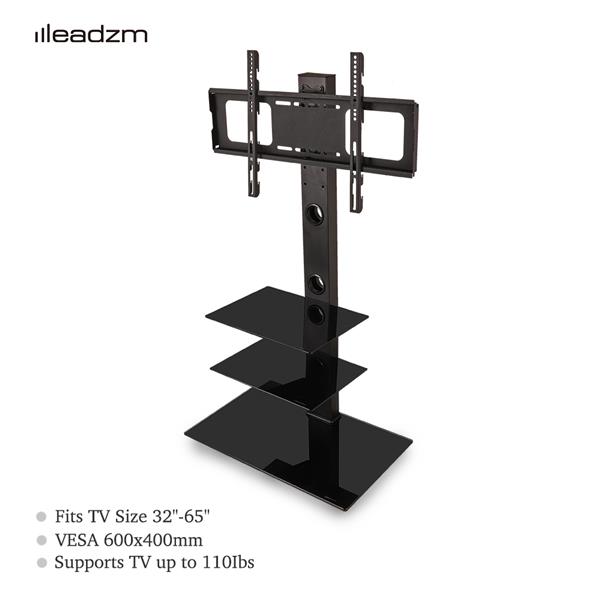 TSG003 32-65" Corner Floor TV Stand with Swivel Bracket 3-Tier Tempered Glass Shelves