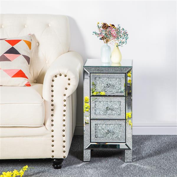 Modern and Contemporary Mirror Surface With Diamond 3-Drawers Nightstand Bedside Table