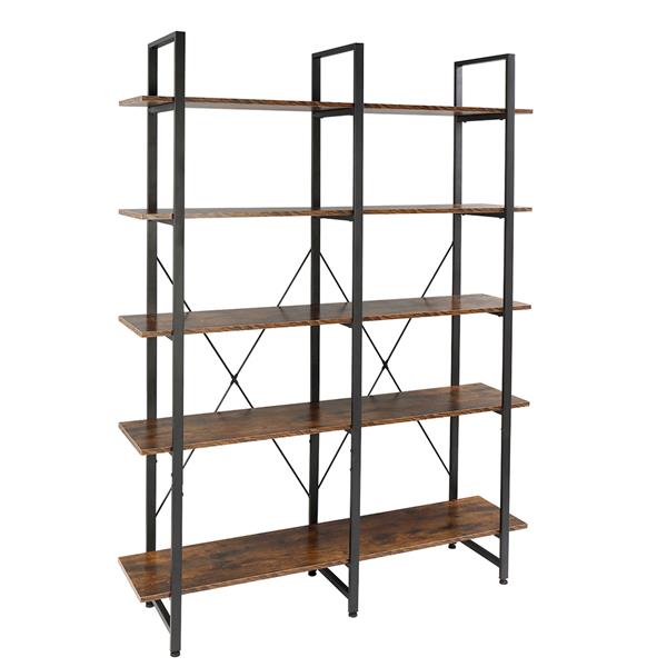 Bookshelf, Double Wide 5-Tier Open Bookcase Vintage Industrial Large Shelves, Wood and Metal Etagere Bookshelves, for Home Decor Display, Office Furniture