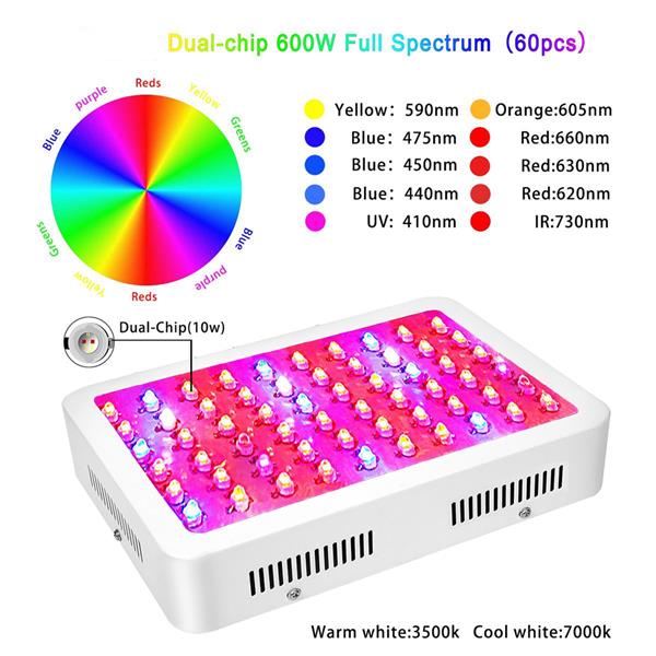 600W Dual Chips 380-730nm Full Light Spectrum LED Plant Growth Lamp White 