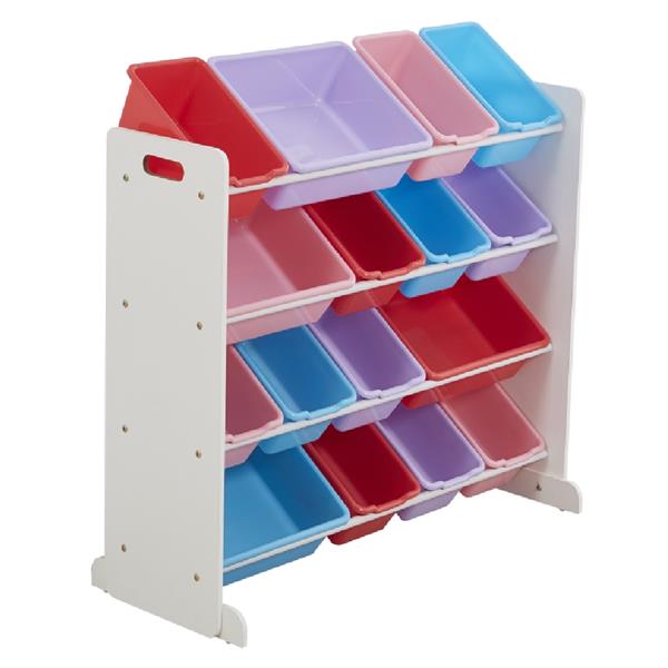 Wooden Kids' Toy Storage Organizer with 16 Plastic Bins,X-Large, White / Blue / Pink / Purple