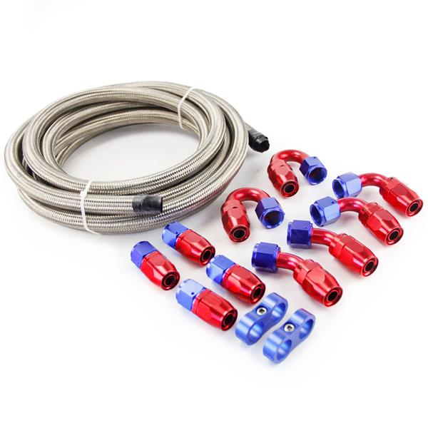 Universal 15ft AN-8 Silver Nylon Braided Hose with 10pcs Red & Blue Hose Ends and 2pcs Hose Separato