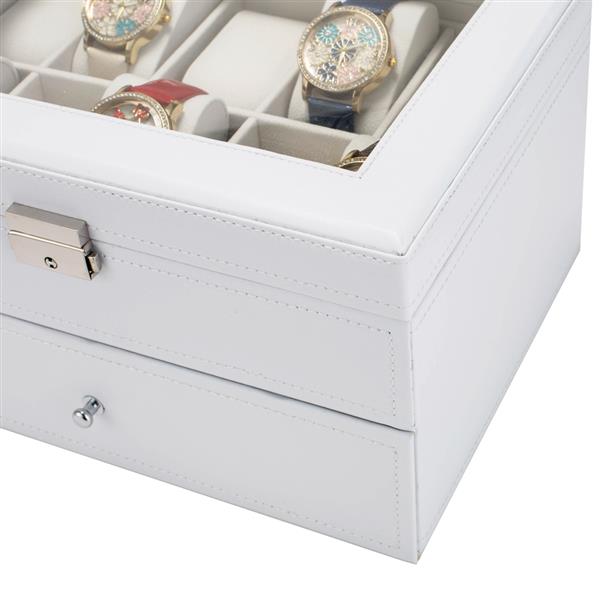 20 Watch Box Lockable Organizer Display Case with Glass Top White