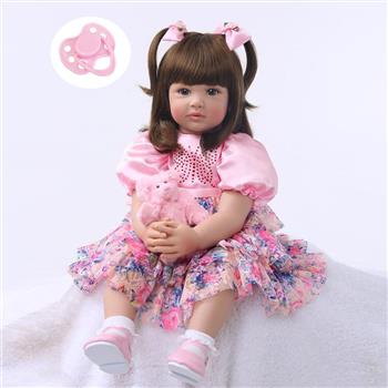 24\\" Beautiful Simulation Baby Golden Curly Girl Wearing Colorful Print Skirt Doll