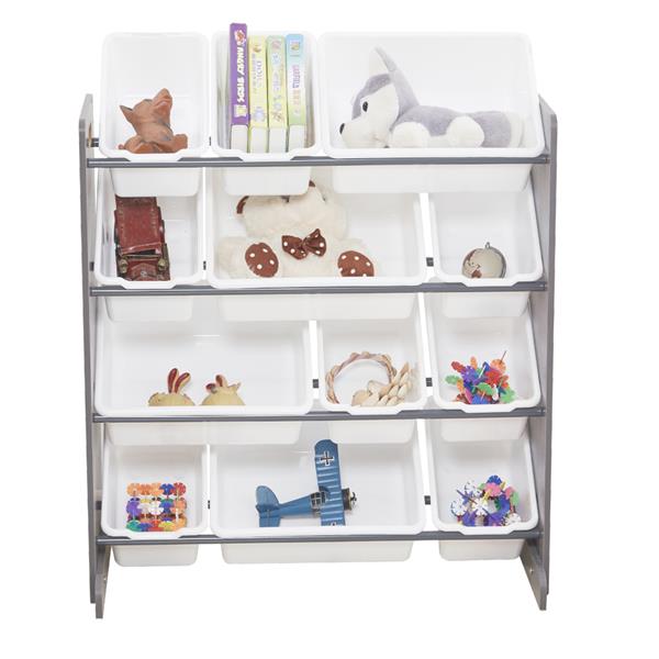 Kids' Toy Storage Organizer with 12 Plastic Bins, Gray / White