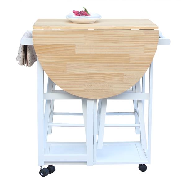 Semicircle Solid Wood Folding Dining Cart with 2 Free Stools White
