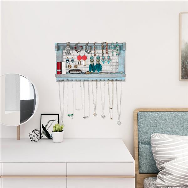 Jewelry Manager - Wall Mounted Jewelry Stand With Detachable Bracelet Bar, Shelf And 16 Hooks - Perfect Earrings, Necklaces And Bracelet Stand - Blue