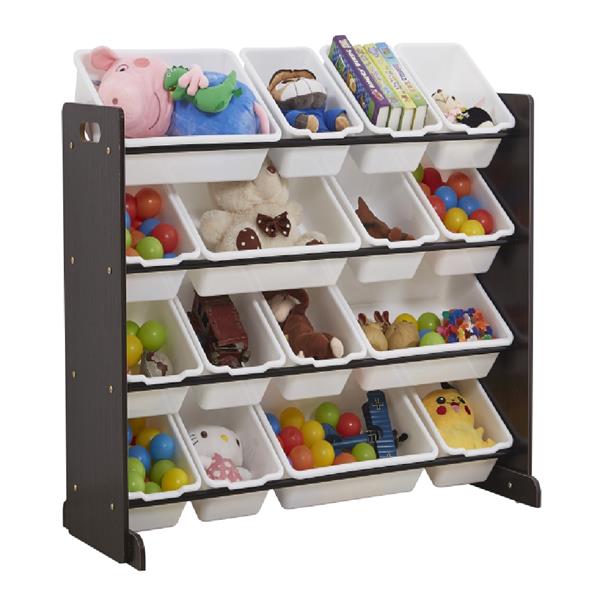 Wooden Kids' Toy Storage Organizer with 16 Plastic Bins,X-Large, Espresso / White