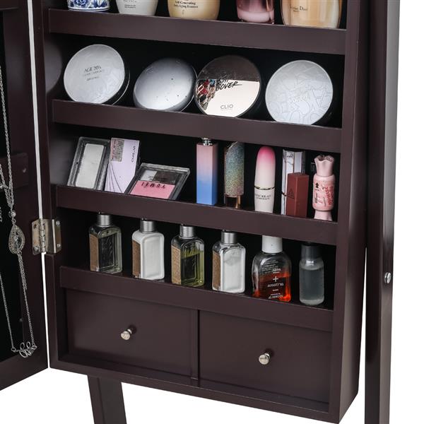 Full Mirror Wooden Foor Standing 4-layer Shelf with Inner Mirror 2 Drawer Jewelry Storage Adjustable Mirror Cabinet -Dark Brown