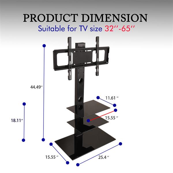 TSG003 32-65" Corner Floor TV Stand with Swivel Bracket 3-Tier Tempered Glass Shelves