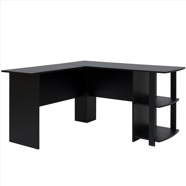 L-Shaped Wood Right-angle Computer Desk with Two-layer Bookshelves Black