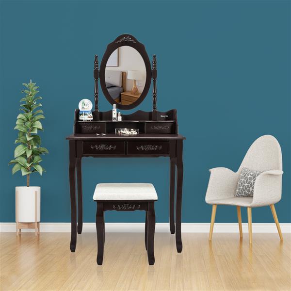 Modern Concise 4-Drawer 360-Degree Rotation Removable Mirror Dresser Brown