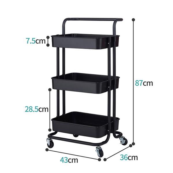 3-Tier Home Kitchen Storage Utility cart Metal&ABS -Black