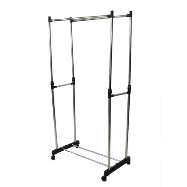 Dual-bar Vertically-stretching Stand Clothes Rack with Shoe Shelf Silver