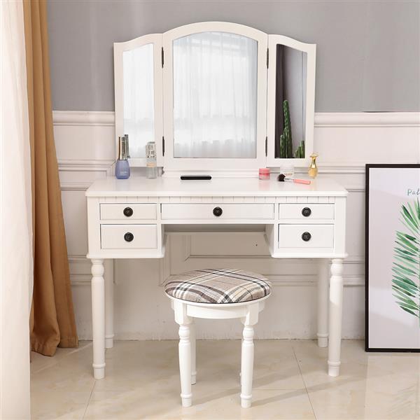 【】Dresser Three-Fold Square Mirror Drawers Roman Column Table/Stool White