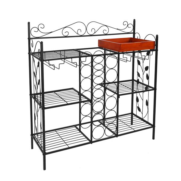 Black Metal Six (6) Shelf Kitchen Bakers Rack Console Table with 12 Bottles Wine Storage and 12 Glass Holder