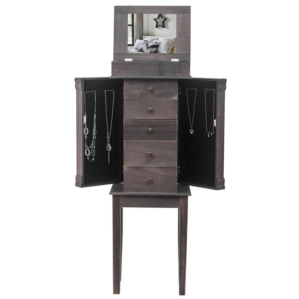 Standing Jewelry Armoire with Mirror, 5 Drawers & 8 Necklace Hooks, Jewelry Cabinet Chest with Top Storage Organizer , 2 Side Swing Doors(Grey)