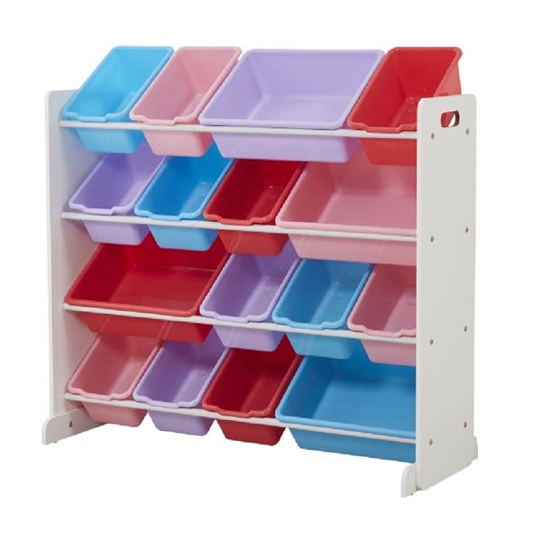 Wooden Kids' Toy Storage Organizer with 16 Plastic Bins,X-Large, White / Blue / Pink / Purple