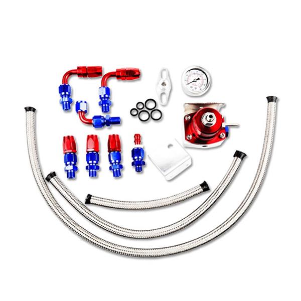 Universal Aluminum Alloy Fuel Pressure Regulating Valve + Pressure Gage + 6pcs Connectors Kit Red & 