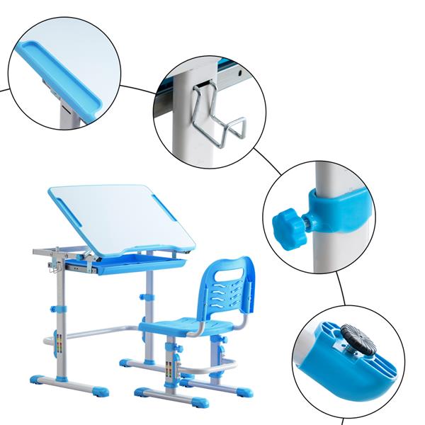 Student Desks and Chairs Set C Style White Lacquered White Surface Blue Plastic [70x38x(52-74)cm]
