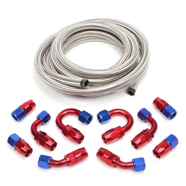 10AN 16-Foot Universal Silver Fuel Pipe   10 Red and Blue Connectors