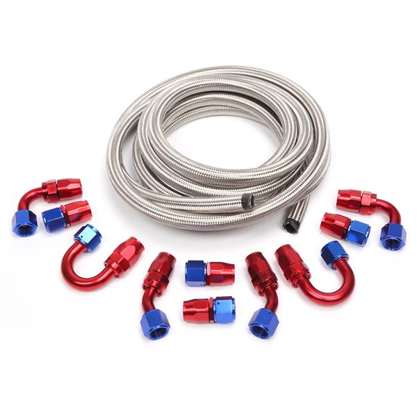 10AN 16-Foot Universal Silver Fuel Pipe   10 Red and Blue Connectors