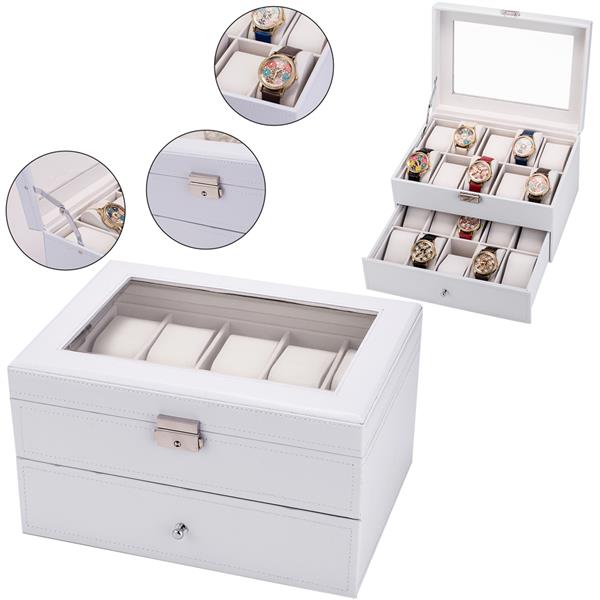 20 Watch Box Lockable Organizer Display Case with Glass Top White