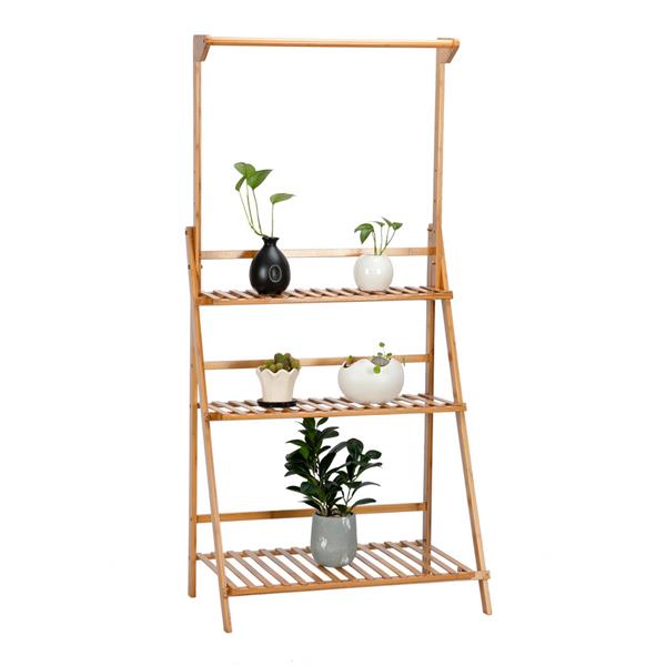 100% Bamboo Plant Frame Three Layers, Balcony Bamboo Frame Folding with Hanging Rod Flower Frame,Indoor Office Balcony, Living Room, Outdoor Garden Decoration--Natural