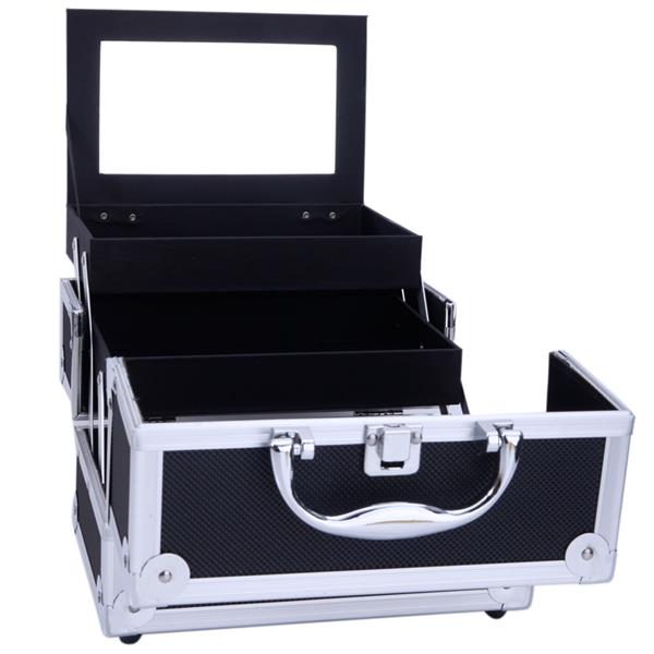 SM-2176 Aluminum Makeup Train Case Jewelry Box Cosmetic Organizer with Mirror 9"x6"x6" Black