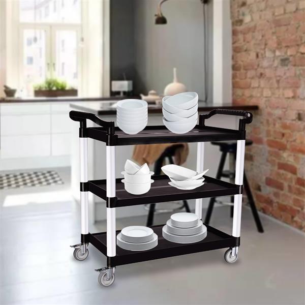 Heavy Duty 3-Shelf Rolling Service / Utility / Push Cart, 390 lbs. Capacity, Black, for Foodservice / Restaurant / Cleaning