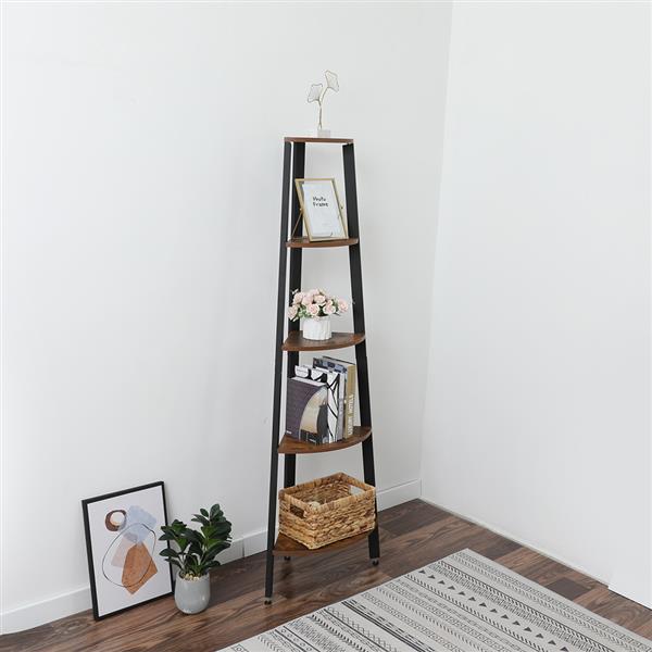 Corner Shelf, 5-Tier Bookshelf, Plant Stand, Wood Look Accent Bookcase Furniture with Metal Frame, for Home and Office, Rustic Brown