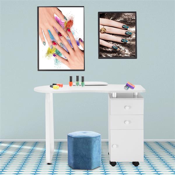 Manicure Table Unilateral Square/2 Drawers/1 Door/Ceramic Handle/With Hand Pillow/With Wheels White