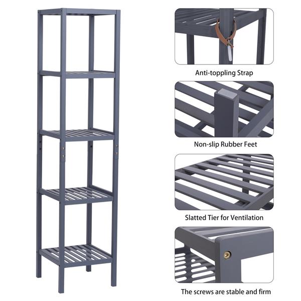 100% Bamboo Bathroom Shelf 5-Tier Multifunctional Storage Rack Shelving Unit 146*33*33cm Gray